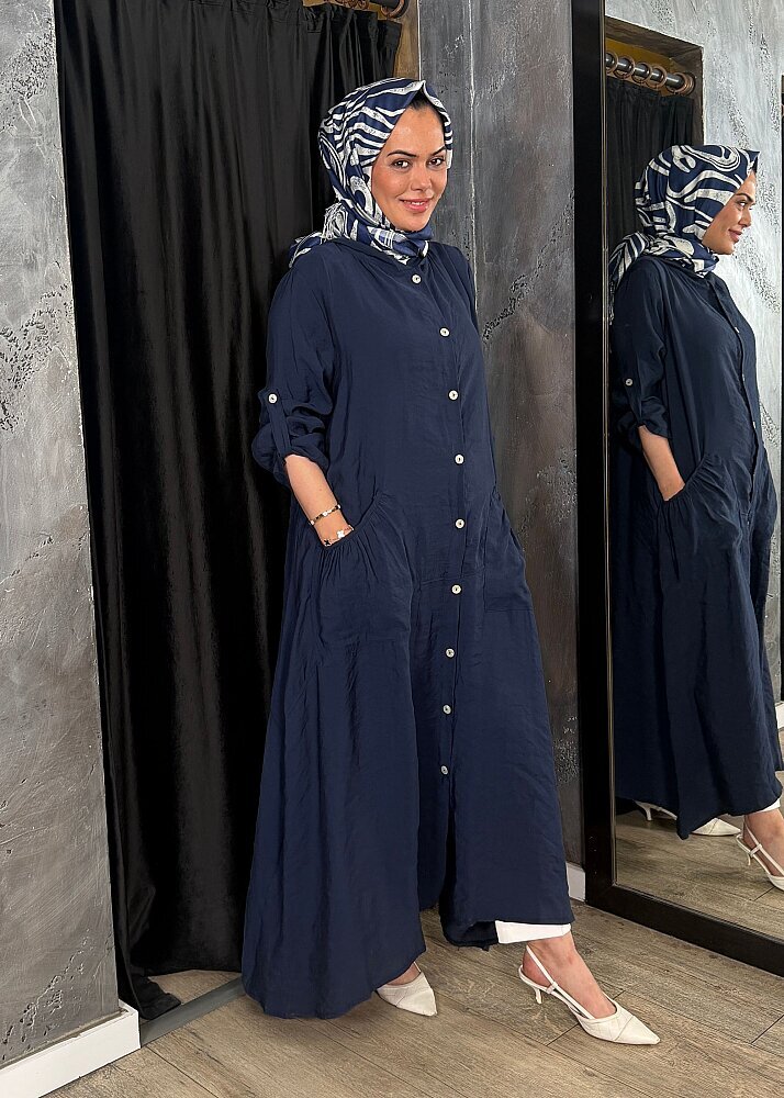 Nazlınur Collection Önü Düğmeli Kapüşonlu Kap LACİVERT - 4