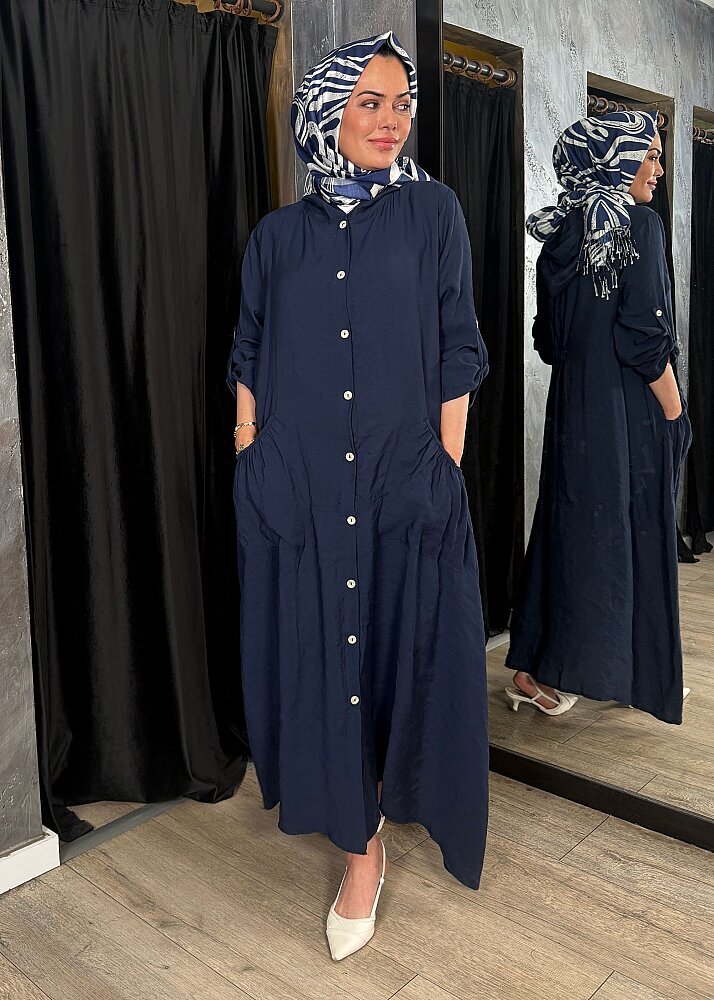 Nazlınur Collection Önü Düğmeli Kapüşonlu Kap LACİVERT - 5