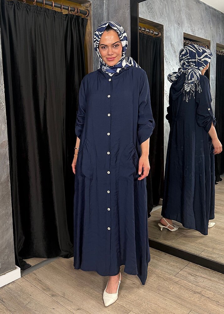Nazlınur Collection Önü Düğmeli Kapüşonlu Kap LACİVERT - 6