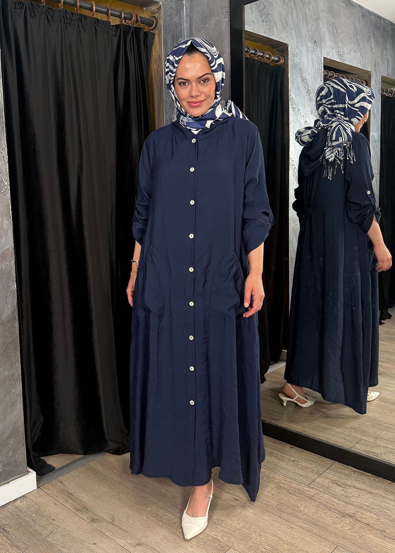 Nazlınur Collection Önü Düğmeli Kapüşonlu Kap LACİVERT - 6