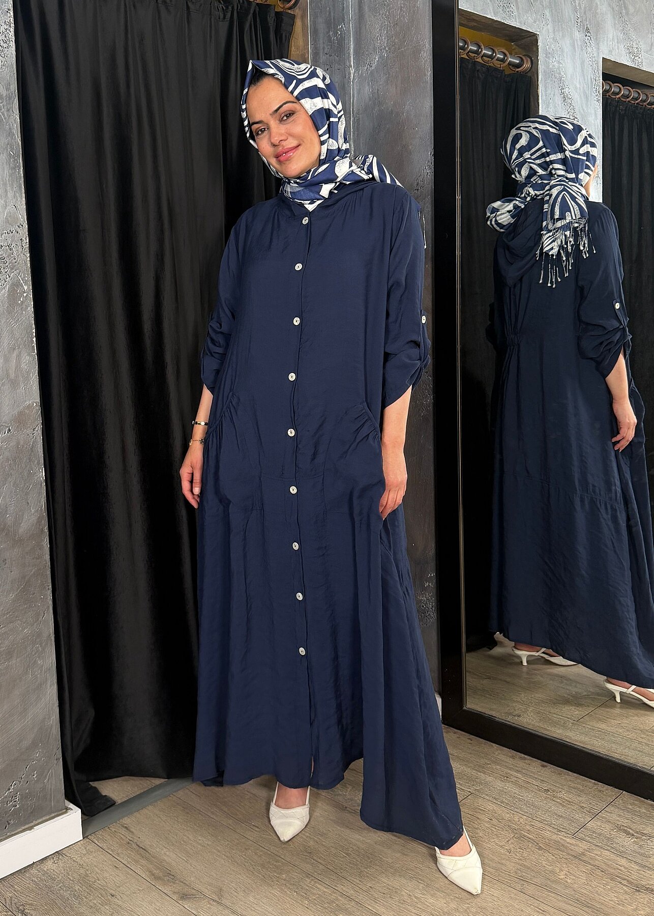 Nazlınur Collection Önü Düğmeli Kapüşonlu Kap LACİVERT - 9