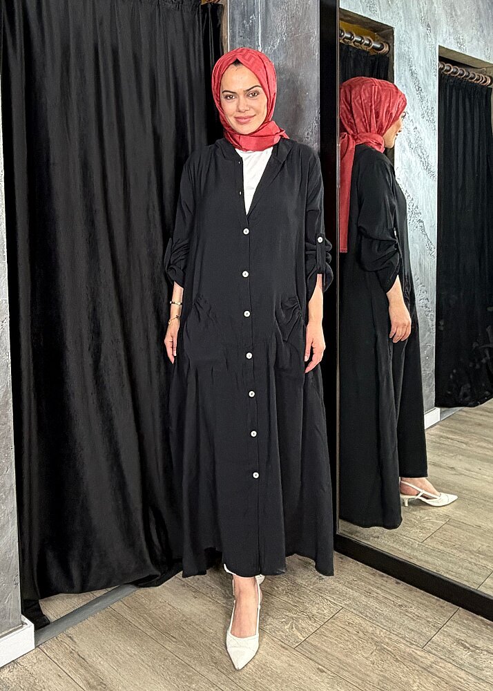 Nazlınur Collection Önü Düğmeli Kapüşonlu Kap SİYAH - 3