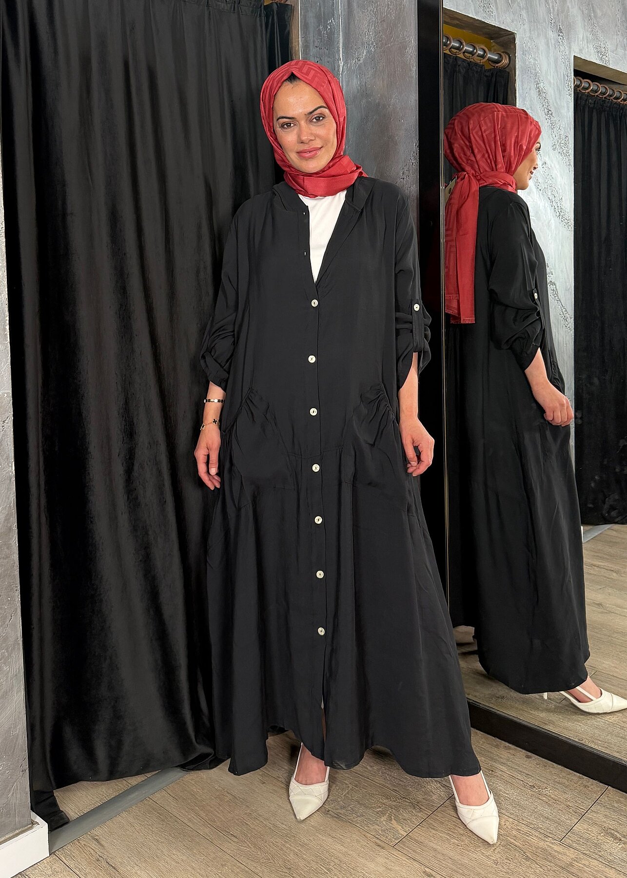Nazlınur Collection Önü Düğmeli Kapüşonlu Kap SİYAH - 1