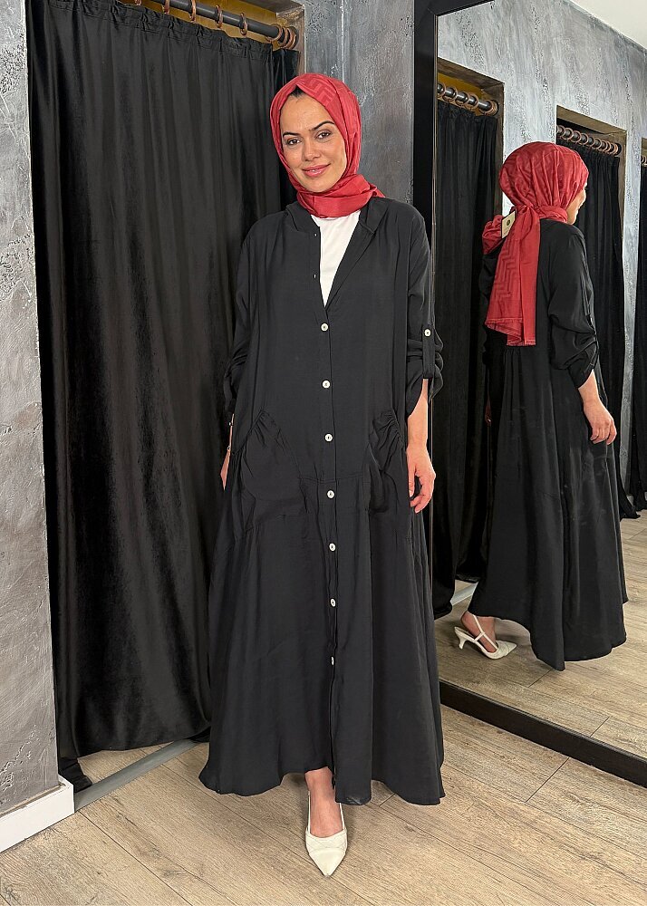 Nazlınur Collection Önü Düğmeli Kapüşonlu Kap SİYAH - 5