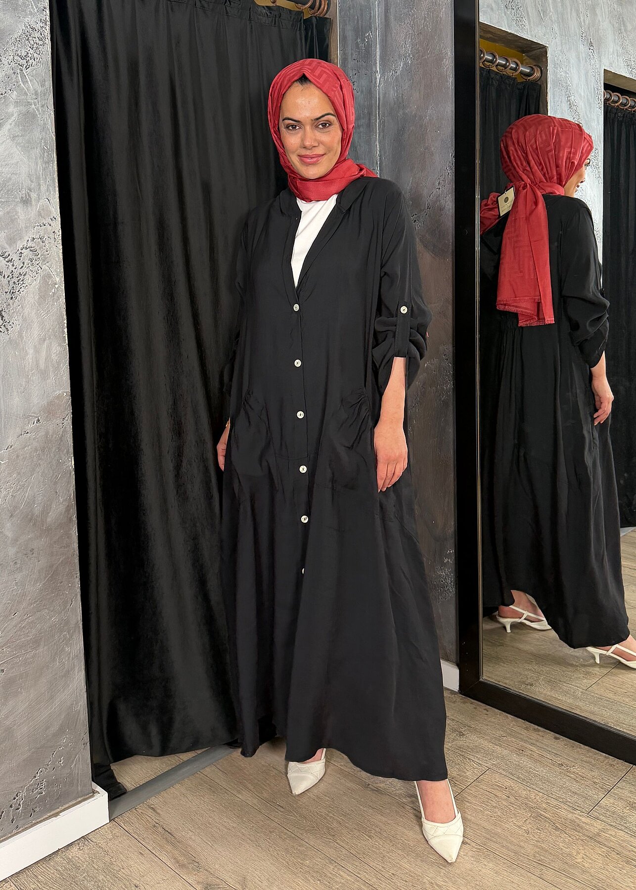 Nazlınur Collection Önü Düğmeli Kapüşonlu Kap SİYAH - 8