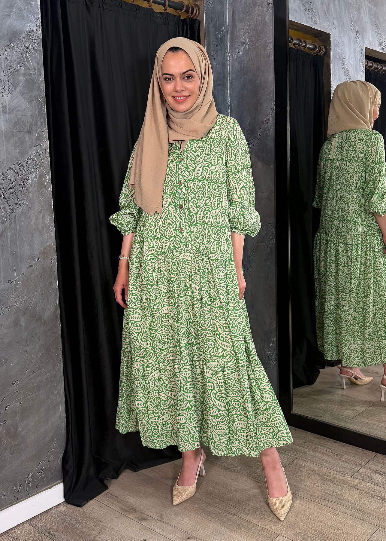 Nazlınur Collection Önü Düğmeli Yaprak Desenli Elbise YEŞİL - 1