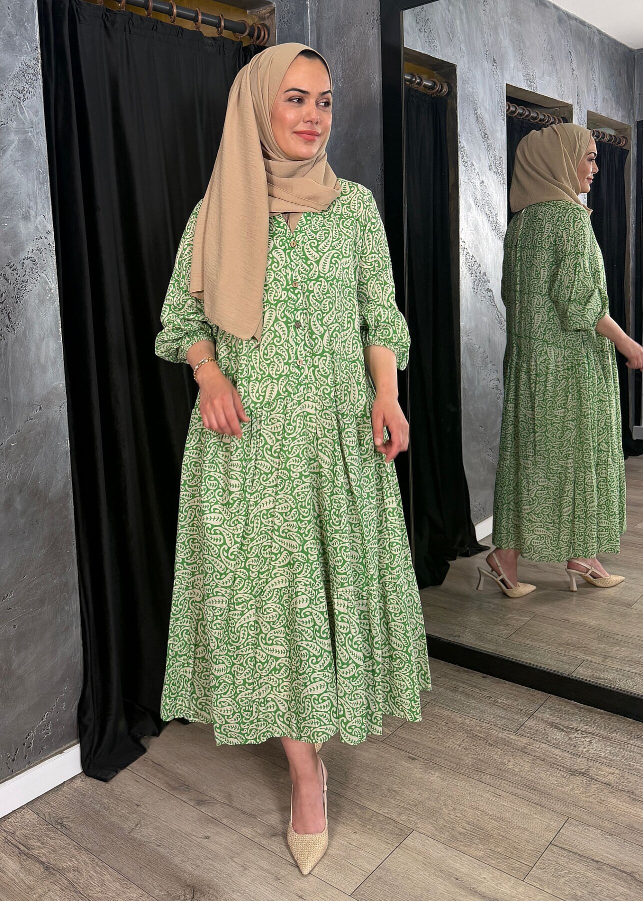 Nazlınur Collection Önü Düğmeli Yaprak Desenli Elbise YEŞİL - 2