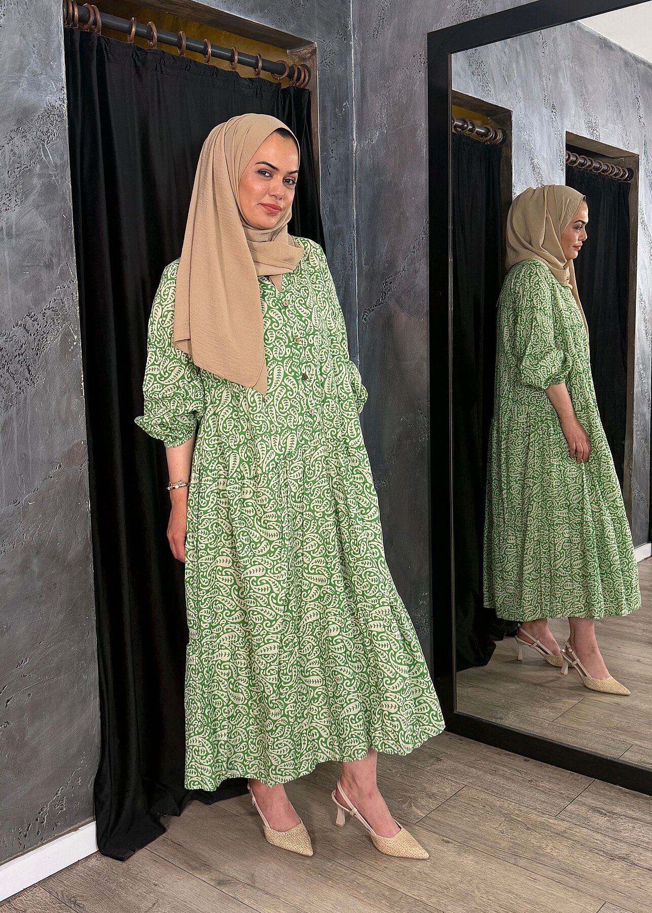Nazlınur Collection Önü Düğmeli Yaprak Desenli Elbise YEŞİL - 3