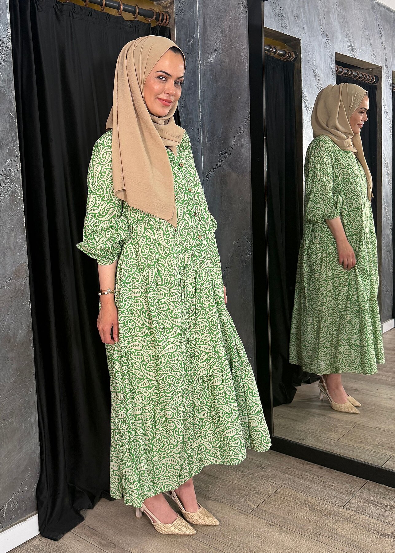 Nazlınur Collection Önü Düğmeli Yaprak Desenli Elbise YEŞİL - 4