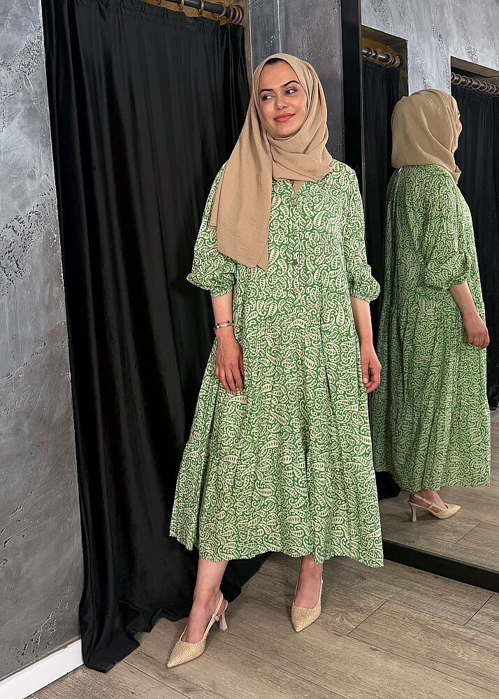 Nazlınur Collection Önü Düğmeli Yaprak Desenli Elbise YEŞİL - 5