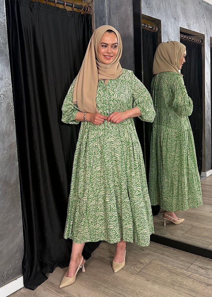 Nazlınur Collection Önü Düğmeli Yaprak Desenli Elbise YEŞİL - 6