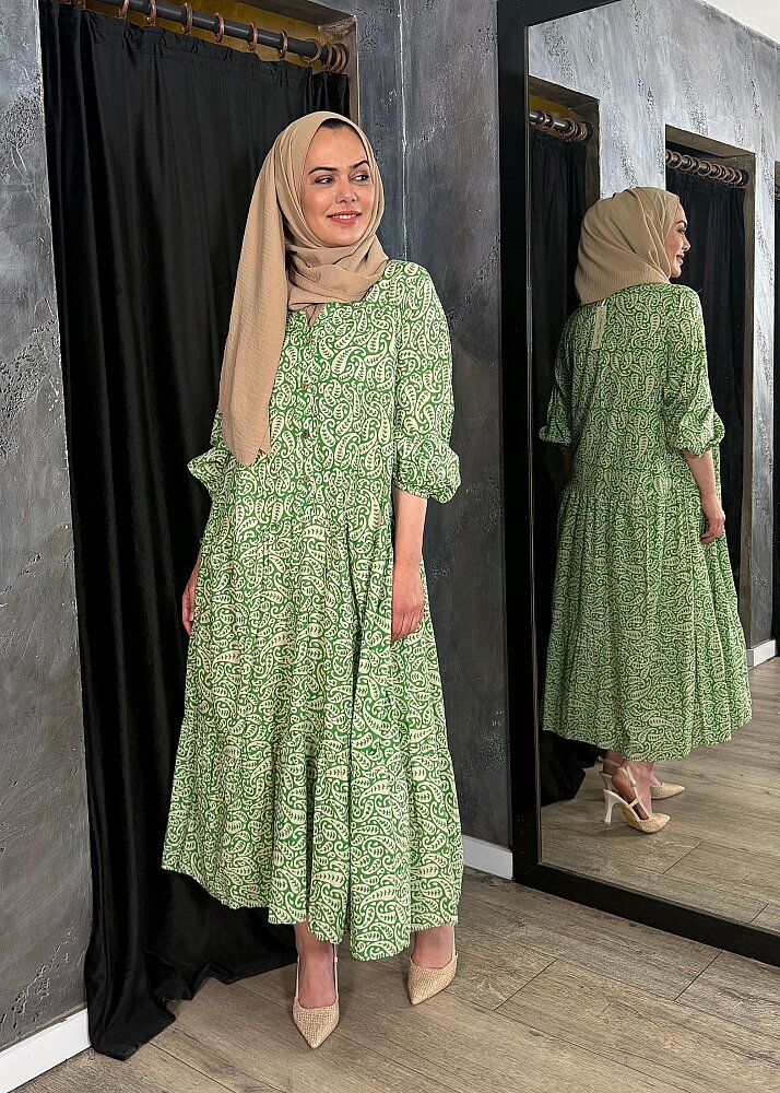 Nazlınur Collection Önü Düğmeli Yaprak Desenli Elbise YEŞİL - 7