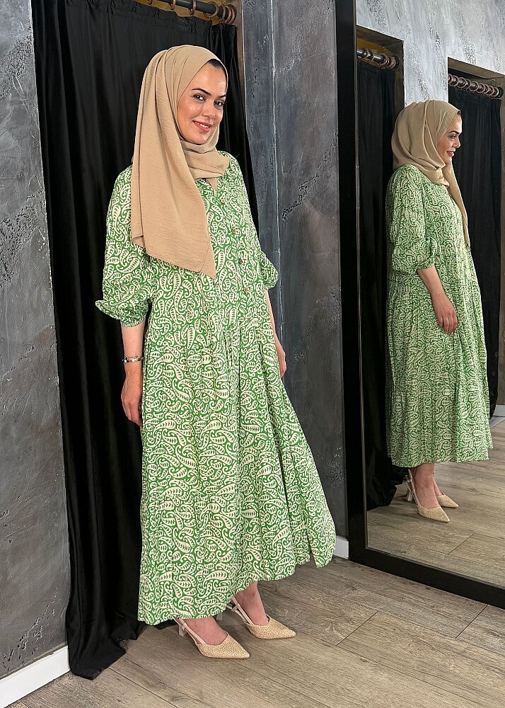 Nazlınur Collection Önü Düğmeli Yaprak Desenli Elbise YEŞİL - 8