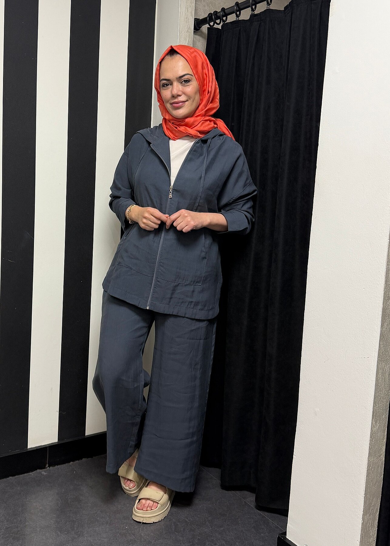 Nazlınur Collection Önü Fermuarlı ve Cepli Pantolonlu Tensel Takım ANTRASİT - 2