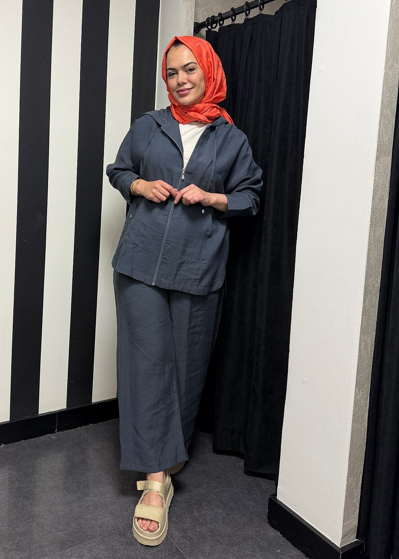 Nazlınur Collection Önü Fermuarlı ve Cepli Pantolonlu Tensel Takım ANTRASİT - 5