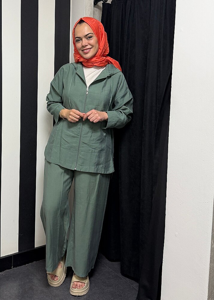 Nazlınur Collection Önü Fermuarlı ve Cepli Pantolonlu Tensel Takım ÇAĞLA - 3
