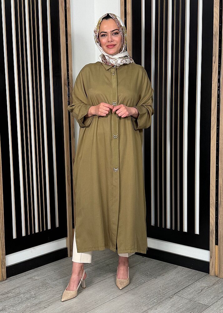 Nazlınur Collection Önü Gizli Düğmeli Yanları Yırtmaçlı Kap HAKİ - 2