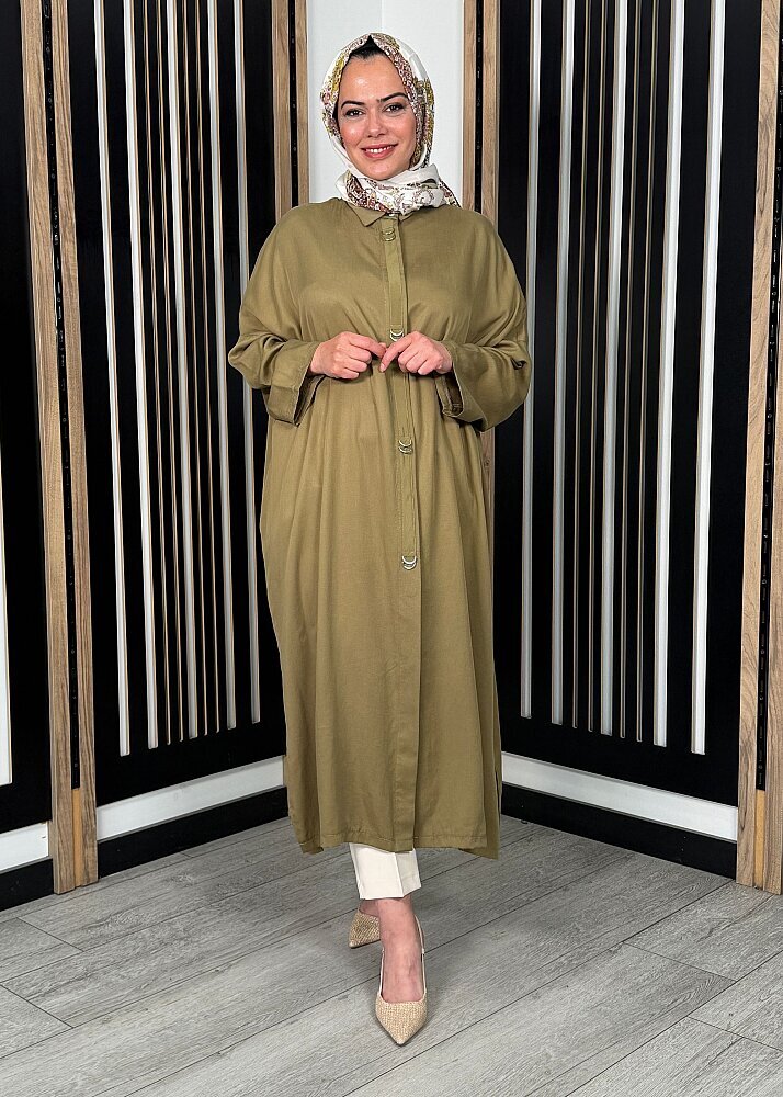 Nazlınur Collection Önü Gizli Düğmeli Yanları Yırtmaçlı Kap HAKİ
