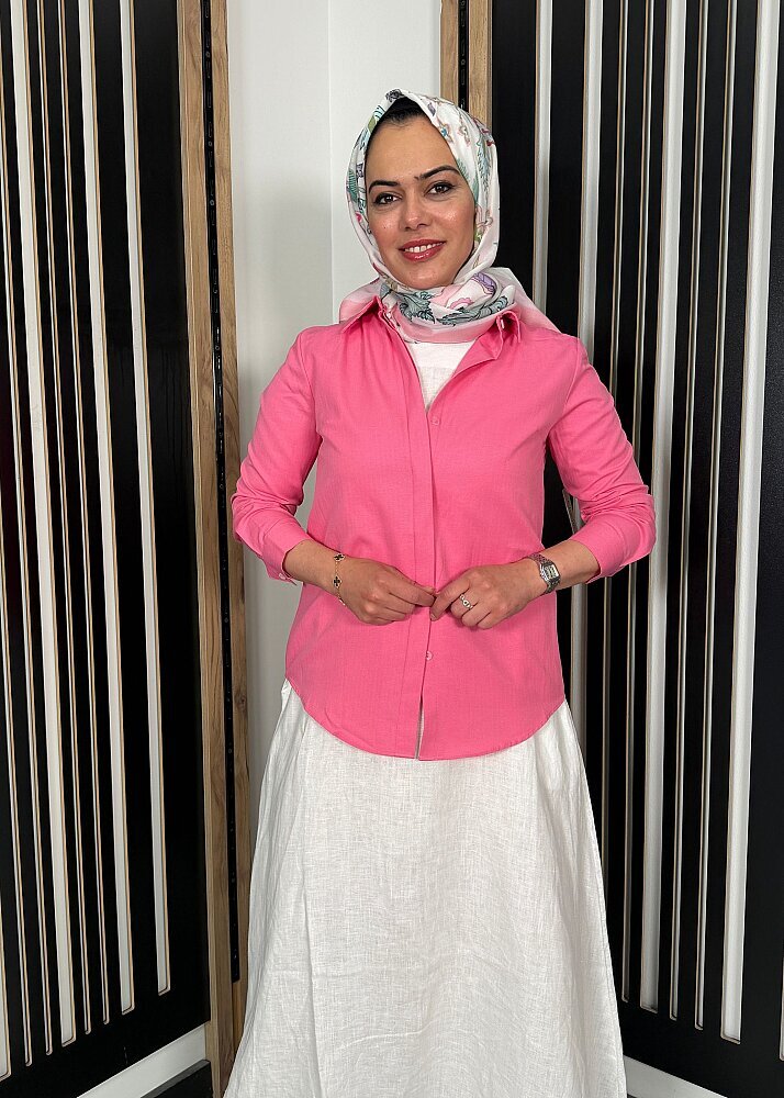 Nazlınur Collection Pamuklu Gizli Patlı Gömlek PEMBE - 3