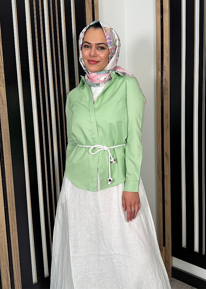 Nazlınur Collection Pamuklu Gizli Patlı Gömlek SU YEŞİLİ - 6