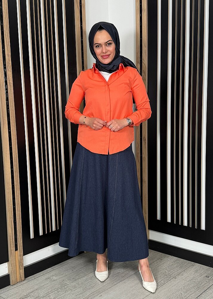 Nazlınur Collection Pamuklu Gizli Patlı Gömlek TURUNCU - 5