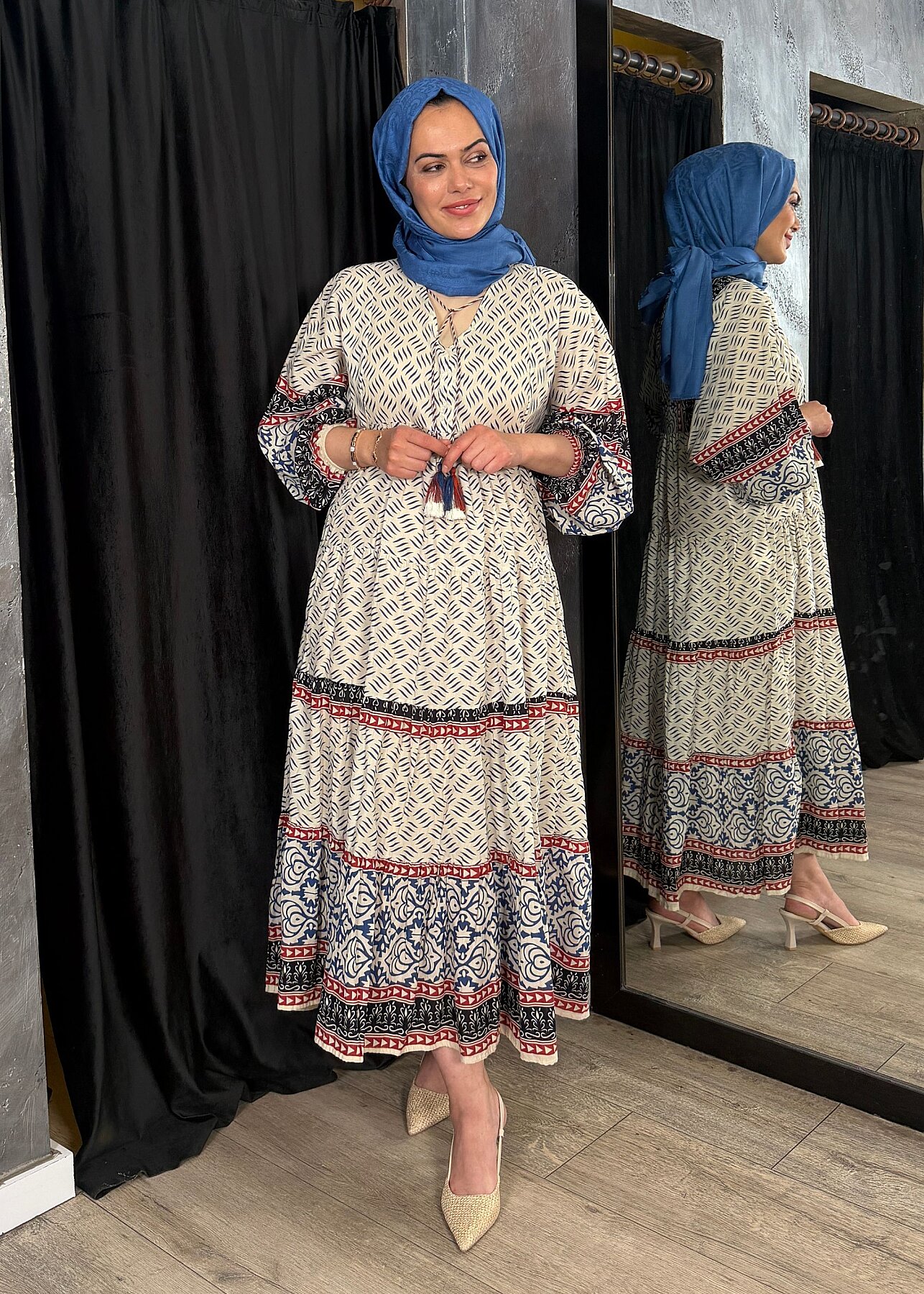 Nazlınur Collection Püskül Detaylı Uzun Desenli Elbise LACİVERT - 1