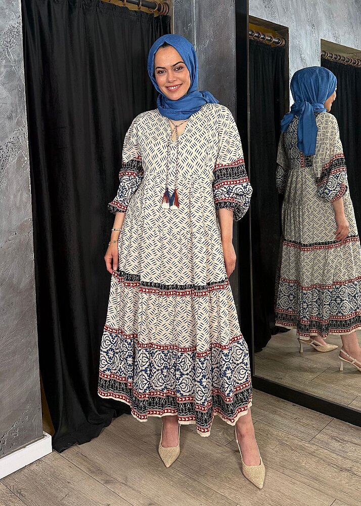Nazlınur Collection Püskül Detaylı Uzun Desenli Elbise LACİVERT - 2