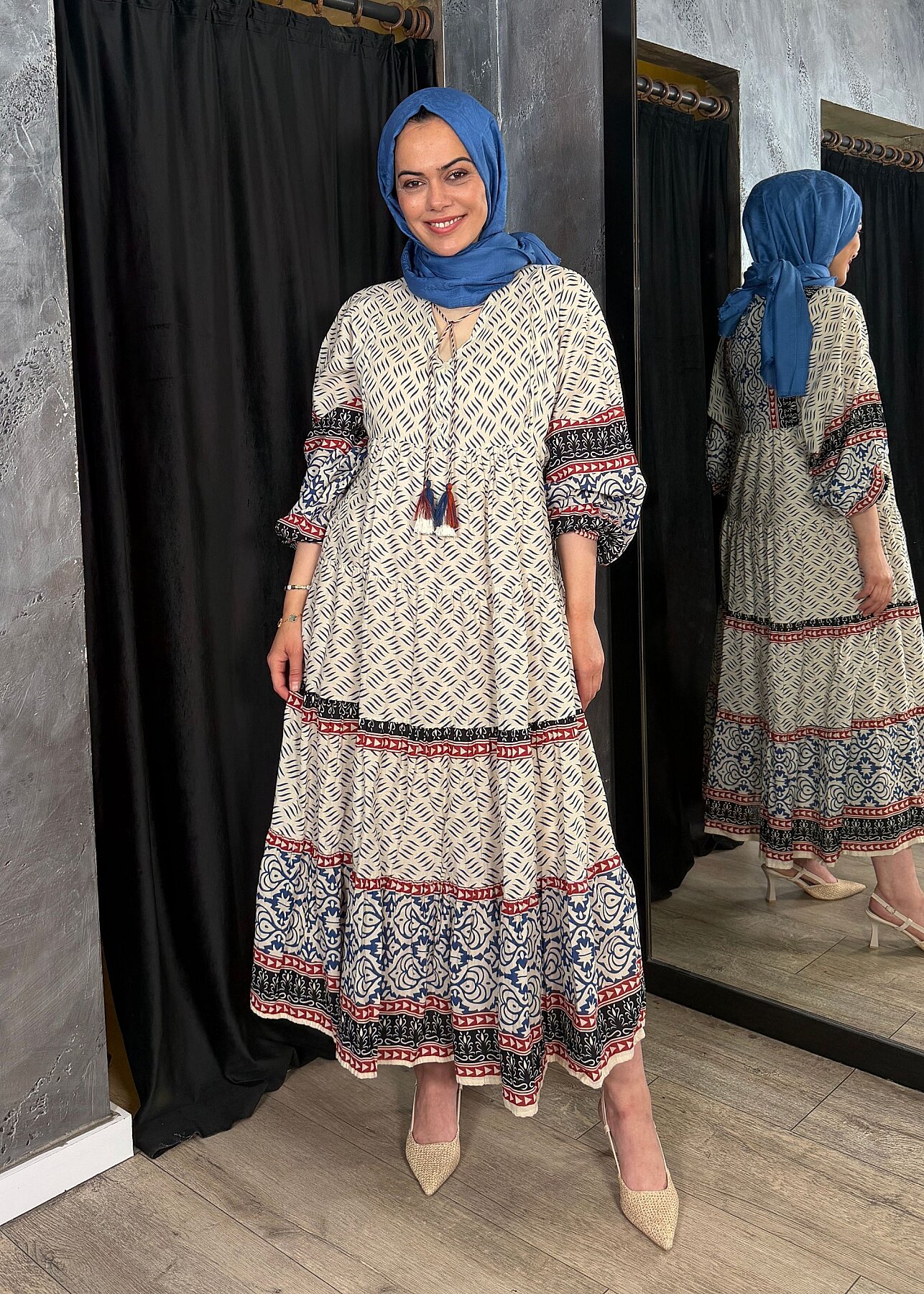 Nazlınur Collection Püskül Detaylı Uzun Desenli Elbise LACİVERT - 2
