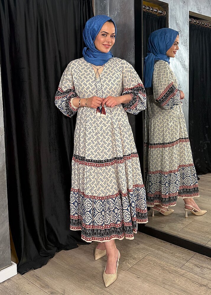 Nazlınur Collection Püskül Detaylı Uzun Desenli Elbise LACİVERT - 3