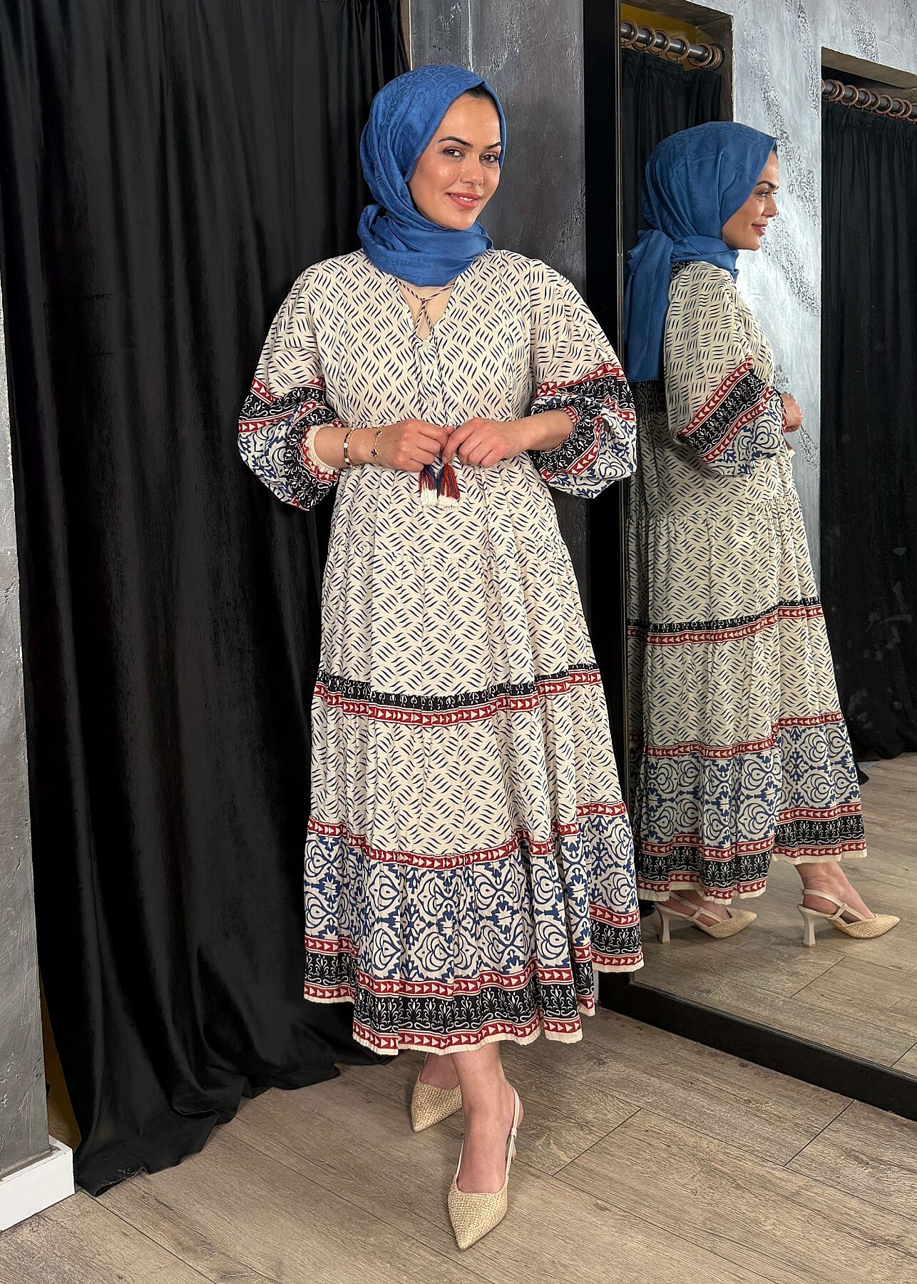 Nazlınur Collection Püskül Detaylı Uzun Desenli Elbise LACİVERT - 3