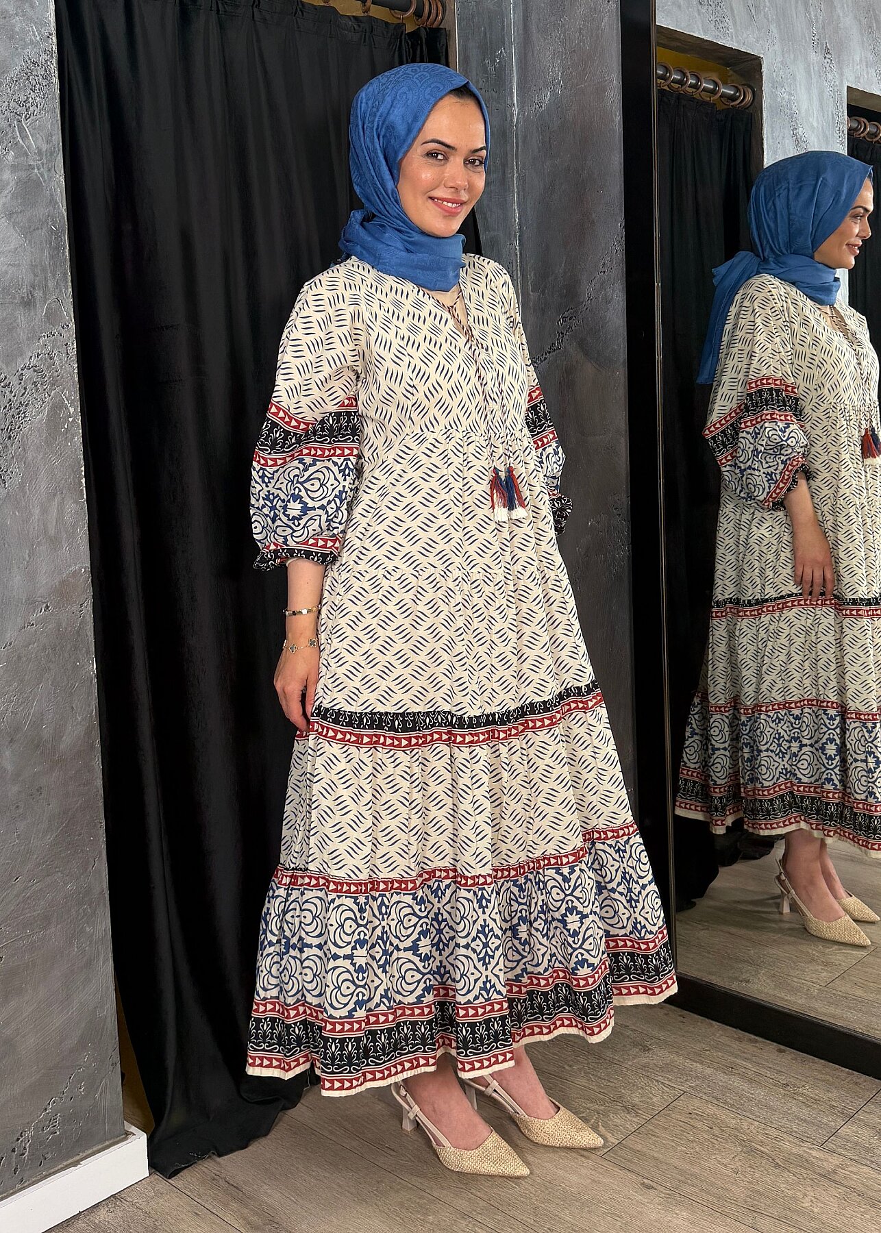 Nazlınur Collection Püskül Detaylı Uzun Desenli Elbise LACİVERT - 4