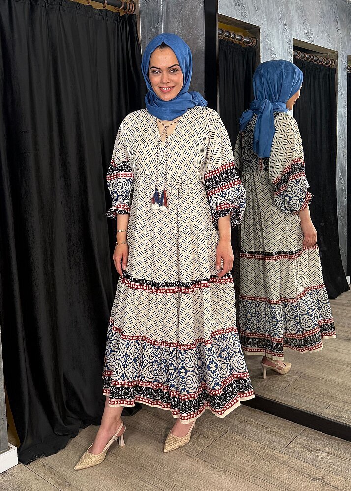 Nazlınur Collection Püskül Detaylı Uzun Desenli Elbise LACİVERT - 5