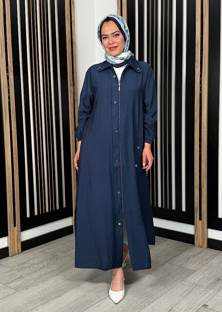 Nazlınur Collection Yakası Büzgülü Önü Fermuarlı Ferace LACİVERT - 4