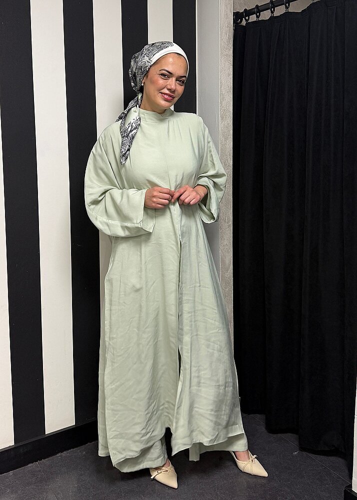 Nazlınur Collection Yanları Yırtmaçlı Fular Detaylı Pantolon Takım MİNT - 4