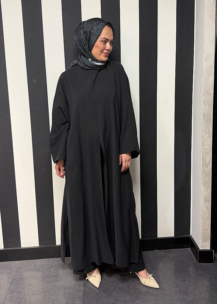 Nazlınur Collection Yanları Yırtmaçlı Fular Detaylı Pantolon Takım SİYAH - 5