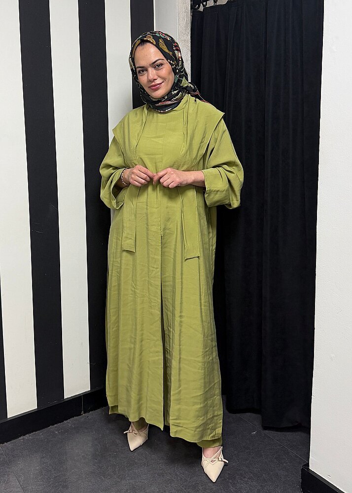 Nazlınur Collection Yanları Yırtmaçlı Fular Detaylı Pantolon Takım YAĞ YEŞİLİ - 3
