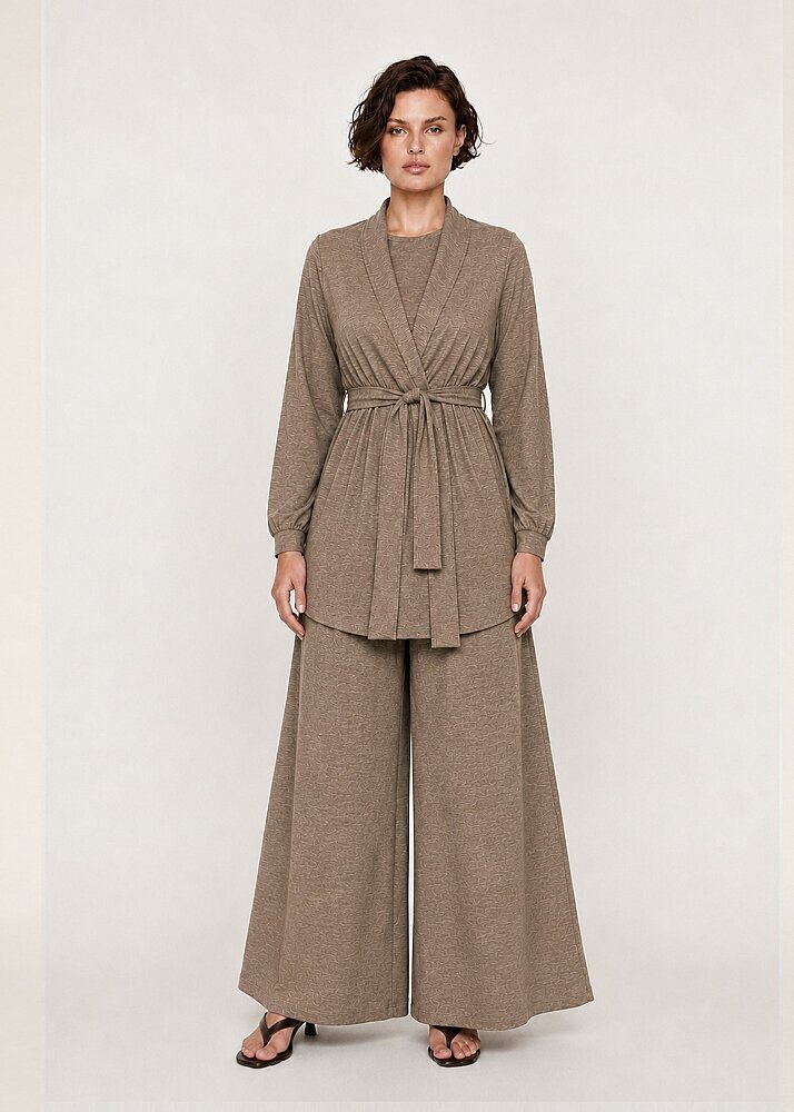 Noi Elenay Şal Yaka Kolu Manşetli Kolsuz Bluzlu Kısa Kap VİZON