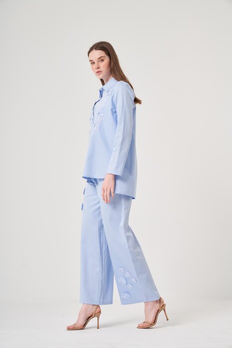 Omelya Nakışlı Ve Boncuklu Gömlek MAVİ - 5