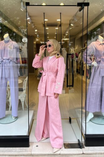 Omelya Önü Kapaklı Keten Pantolon PEMBE
