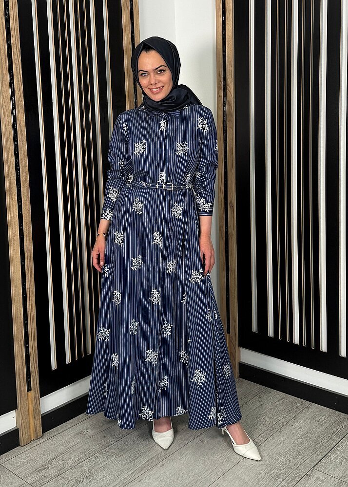 Qupra Çizgili Nakışlı Elbise LACİVERT - 7