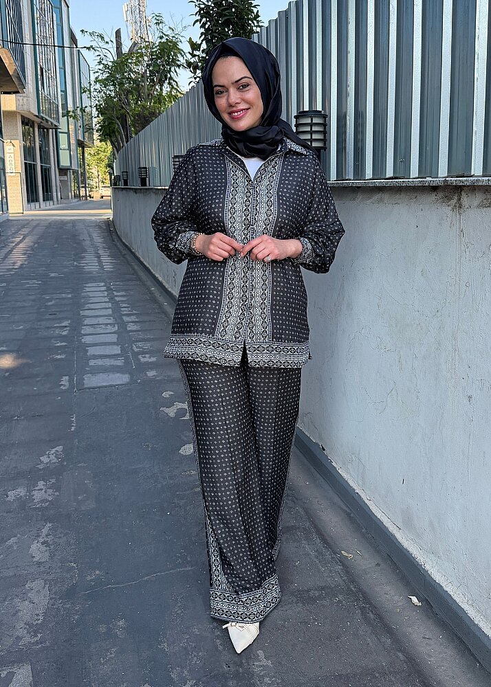 Qupra Desenli Pantolonlu Takım SİYAH
