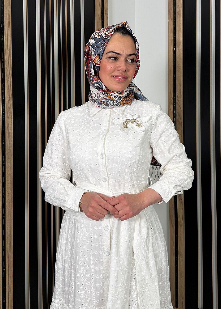Qupra Yıldız Desenli Brode Elbise EKRU - 2