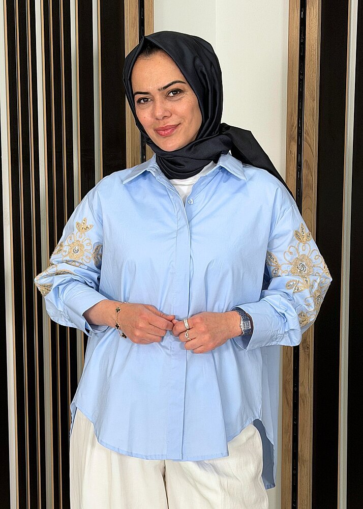 Sempre Kolu Çiçek Nakışlı Gömlek BLUE