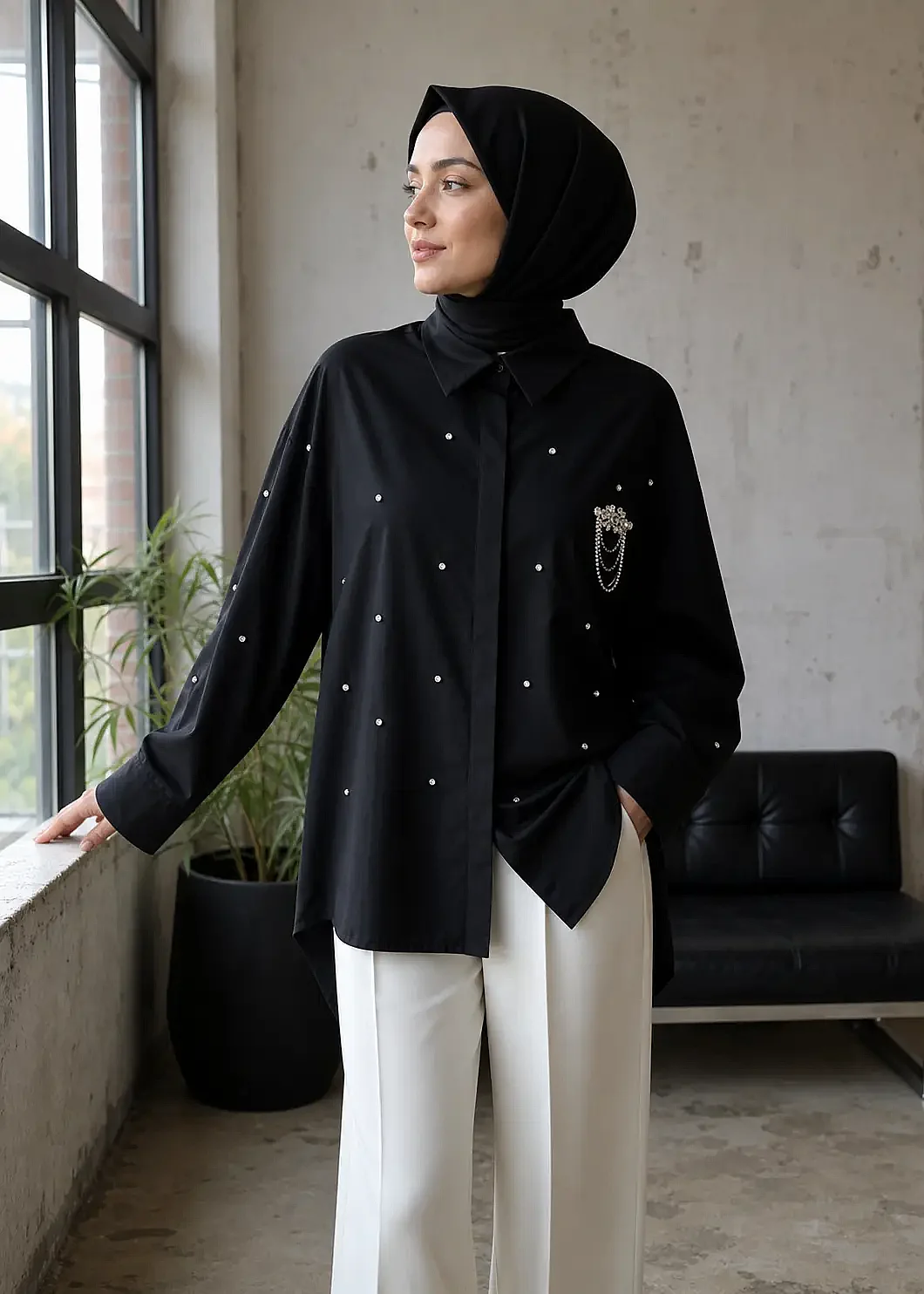 Sempre Kristal Taş Detaylı Gömlek BLACK - 1