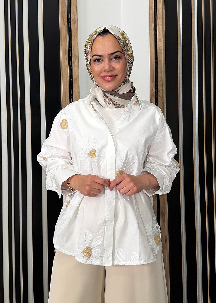 Sempre Pul Çiçek İşlemeli Gömlek IVORY - 3