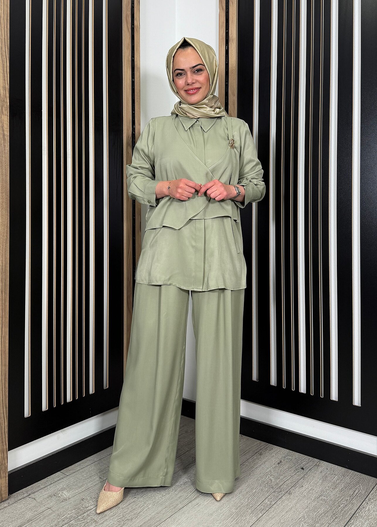 Si Design Beli Lastikli Bol Paça Pantolon KHAKİ - 3