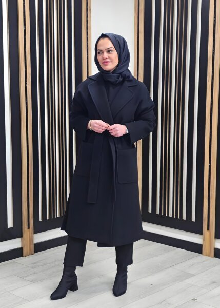 Si Design Kruvaze Kaşe Kaban SİYAH