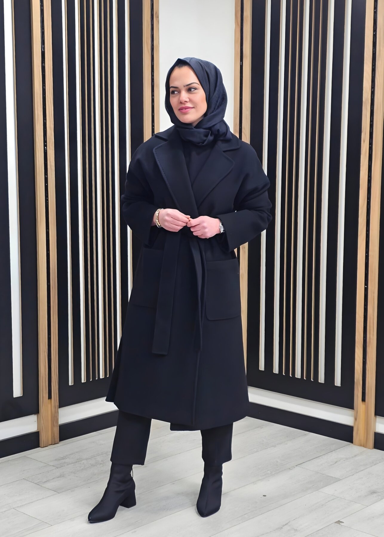 Si Design Kruvaze Kaşe Kaban SİYAH - 1