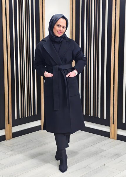 Si Design Kruvaze Kaşe Kaban SİYAH - 2