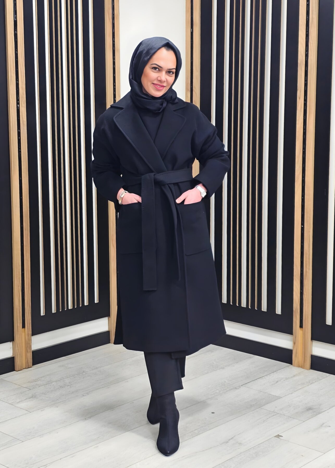 Si Design Kruvaze Kaşe Kaban SİYAH - 2